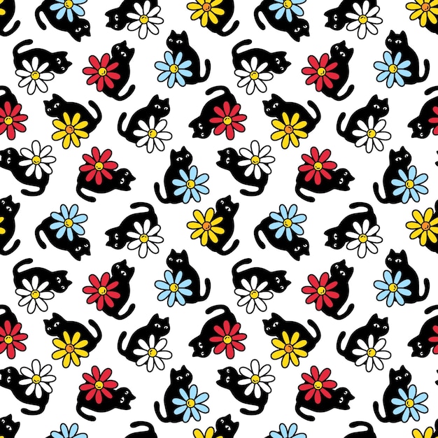 Vector cat seamless pattern daisy flower black kitten cartoon