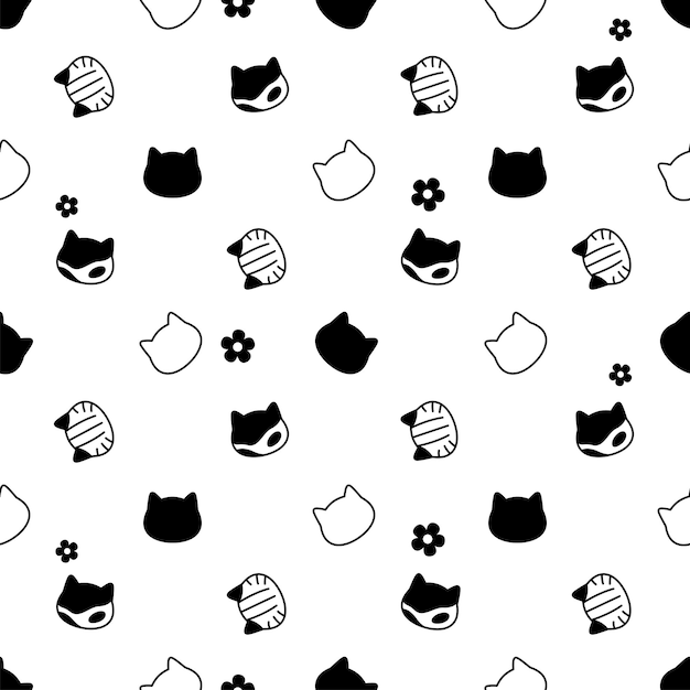 Cat seamless pattern kitten calico head flower cartoon character