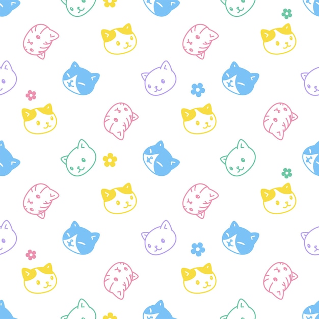 cat seamless pattern kitten head flower daisy