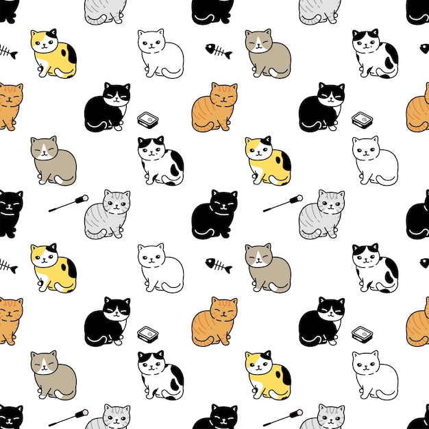 Cat seamless pattern kitten sitting calico pet toy cartoon character