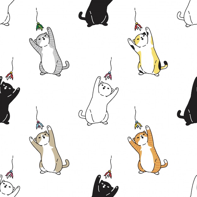 Vector cat seamless pattern kitten toy cartoon illustration