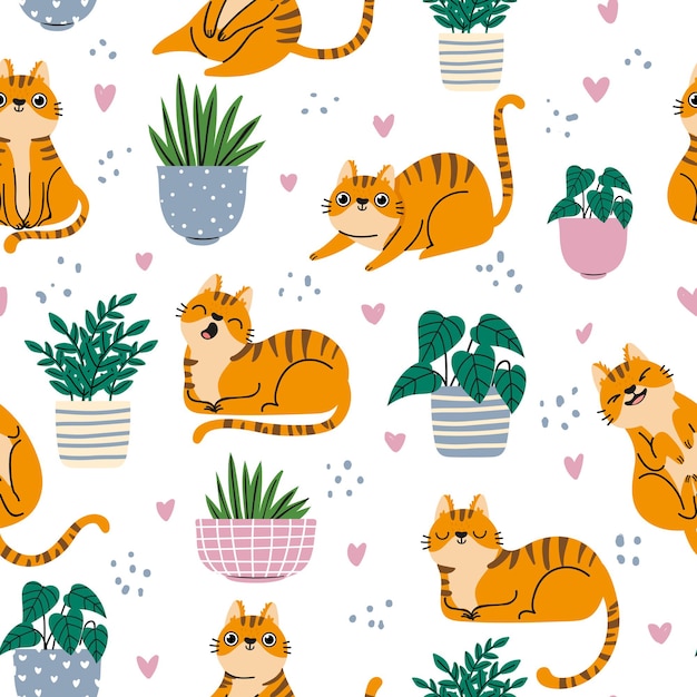 Cat seamless pattern. red cats and plants in pots repeated wallpaper in scandinavian style. cartoon funny kittens print, vector background. illustration scandinavian background pet striped