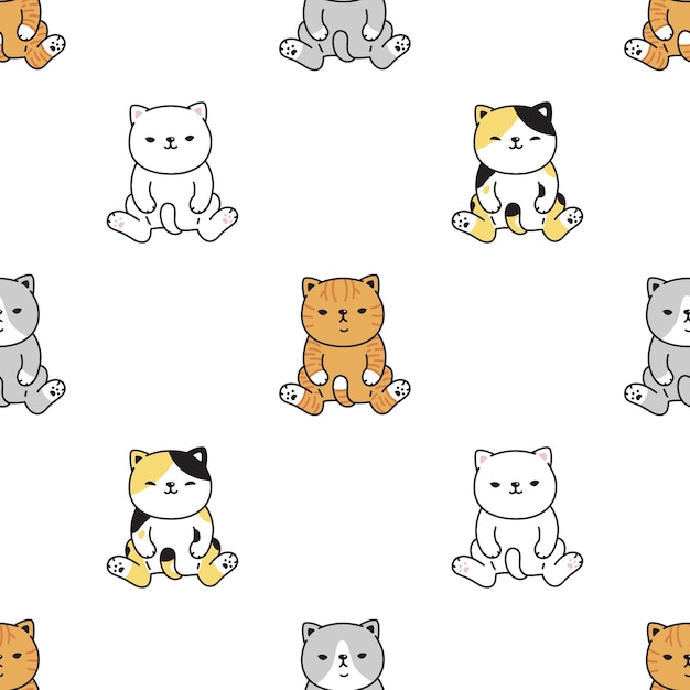 Cat seamless pattern sitting calico kitten cartoon