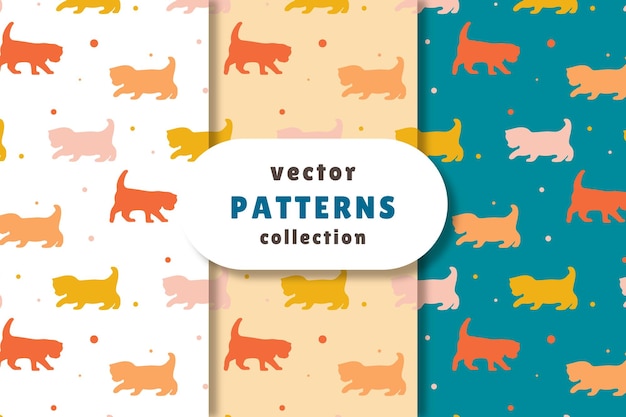 Cat in seamless pattern in three colors set design silhouette vector illustration