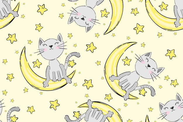 Кошачий бесшовный рисунок с милым персонажем смешные кошки-мечты животных со звездами и луной мультяшный рисунок для маленьких детей и детей модный текстильный принт