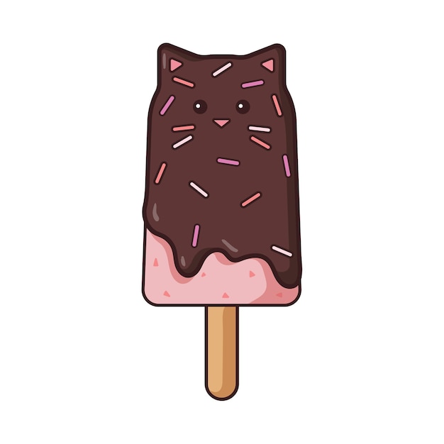 Cat shaped strawberry ice cream with chocolate glaze and sprinkles