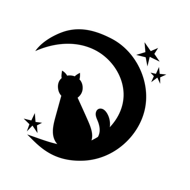 Cat silhouette, isolated on white background. halloween silhouette cat on crescent moon with stars