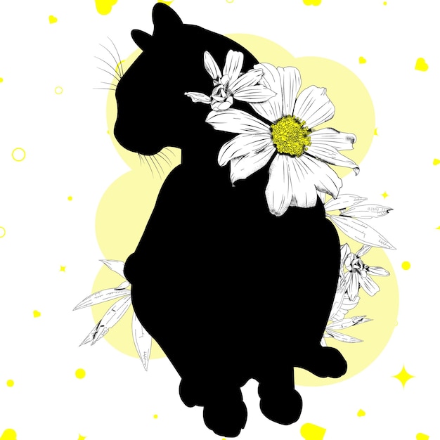 Vector cat silhouette with flowers