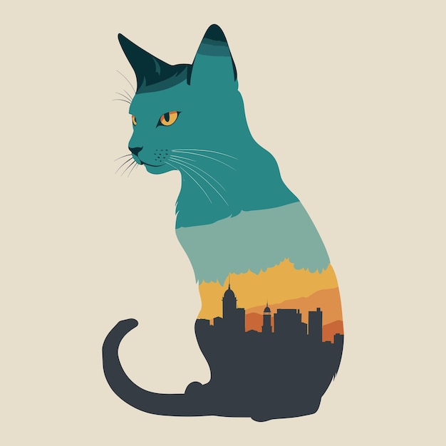 Vector cat silhouette with nature illustration