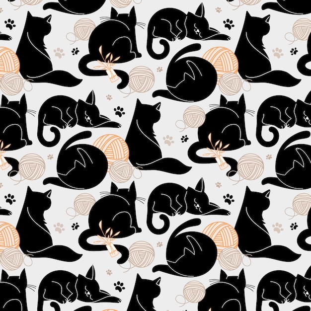 Cat silhouettes pattern in hand drawn design