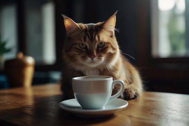 Vector a cat sits next to a cup and saucer on a table