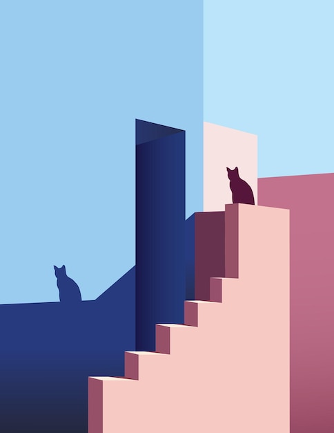 Vector a cat sits on a pink and blue staircase.