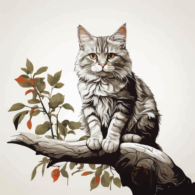 Vector cat sitting on branch