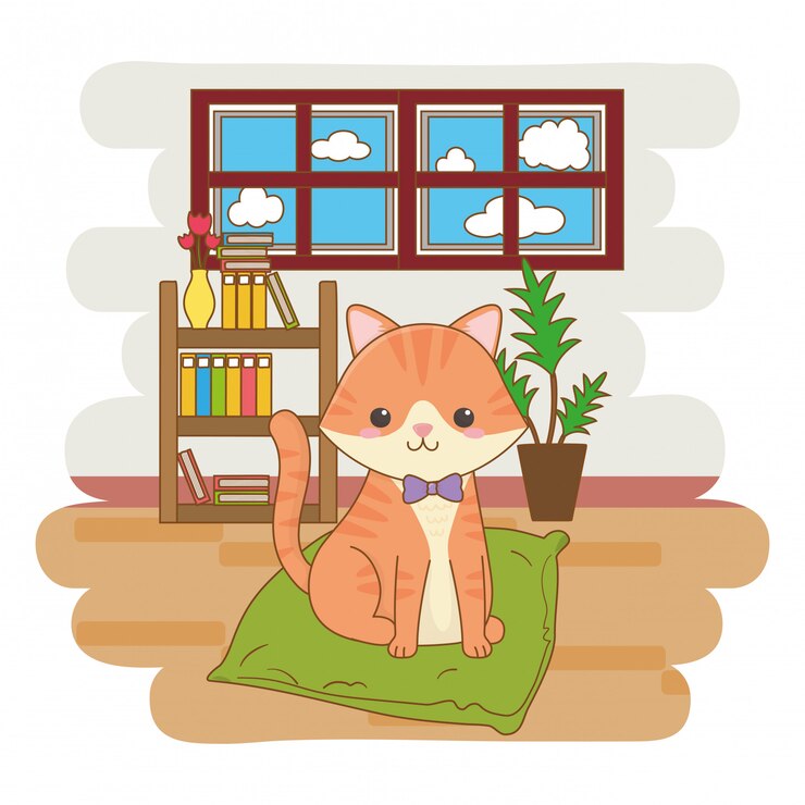 Vector cat sitting on a cushion inside home