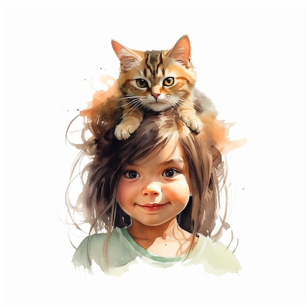 Cat sitting on the head of a little girl watercolor paint