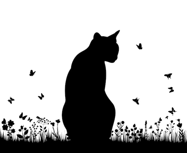 ベクトル 草の黒いシルエットの孤立したベクトルに座っている猫