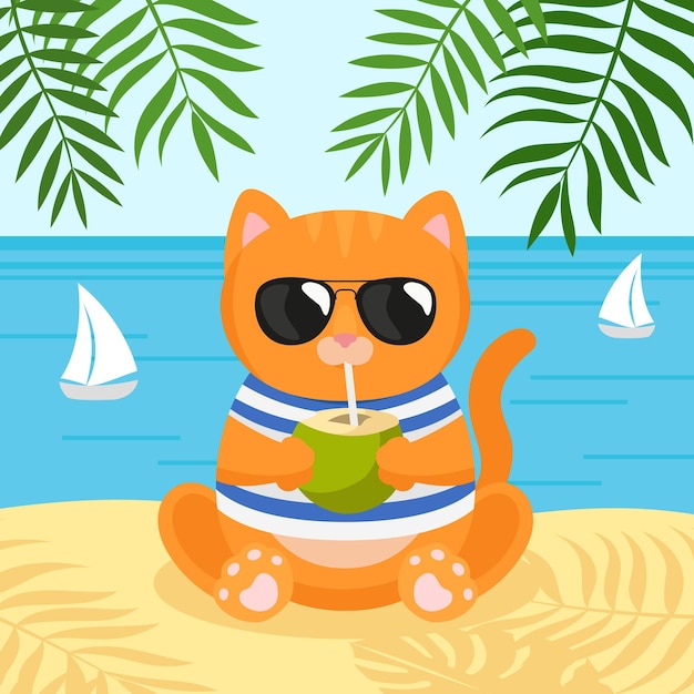 벡터 해변에 앉아서 코코넛 칵테일을 마시는 고양이 여름 방학 평면 벡터 일러스트 레이 션