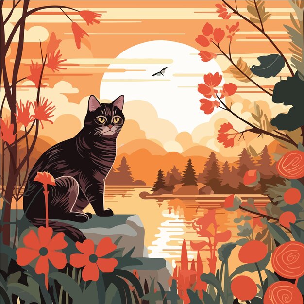 Vector cat sitting on a rock watching red flowers bloom