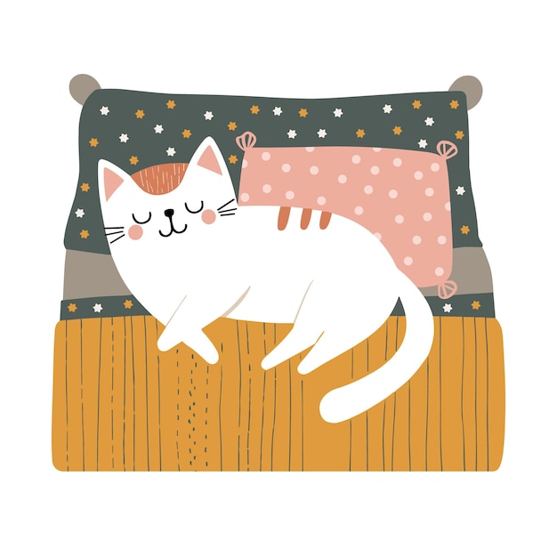 Vector cat sleeping illustration for kids in nordic style animals clipart