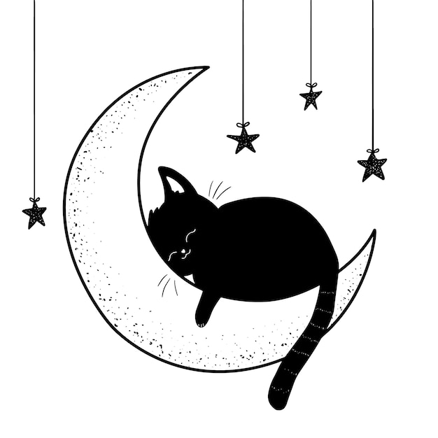 Gatto che dorme sull'illustrazione della luna