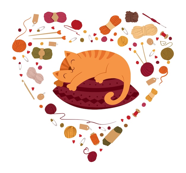 Cat sleeping on pillow in heart shaped frame. Autumn coziness, tranquility concept. Knitting hobby accessories border. Kitty lying on cushion.