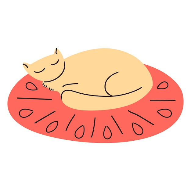 The cat sleeps on a rug drawn in doodle style