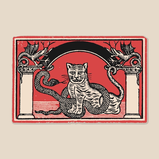 Cat snake match box label retro logo old vintage illustration poster template design vector elements