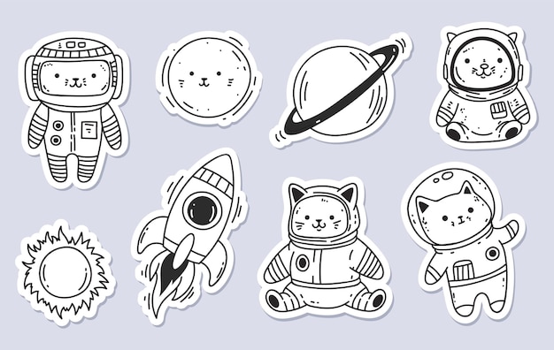 Cat space line art cute print galaxy sticker isolated set graphic design illustration