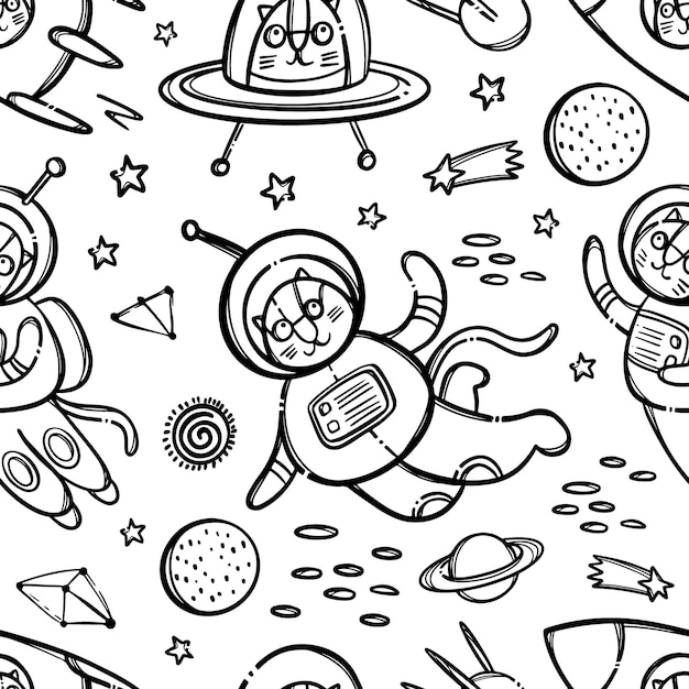 Cat space pattern monochrome cute cosmic animal traveling in spacesuit and in rocket