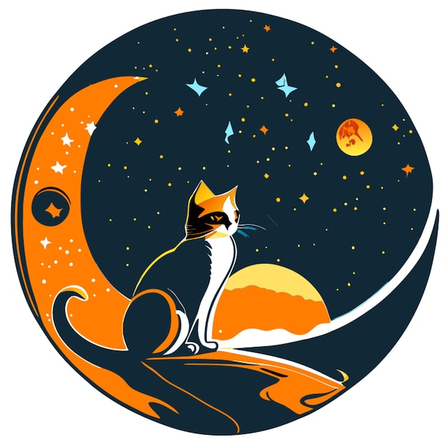 a cat standing on a crescent moon space backgroundbright stars vector illustration