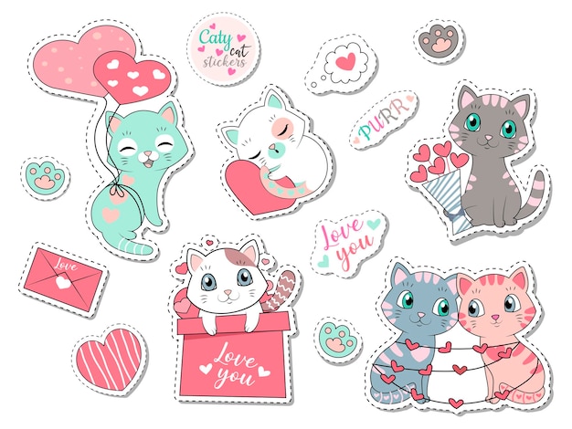 Vector cat stickers for valentines day set