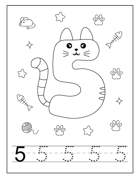 Cat style number coloring page for toddlers