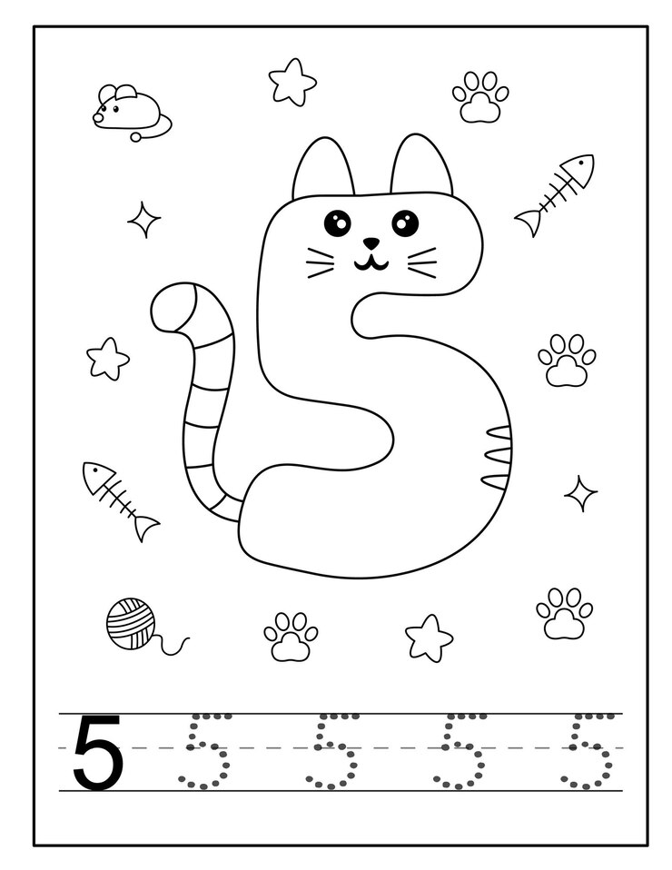Vector cat style number coloring page for toddlers