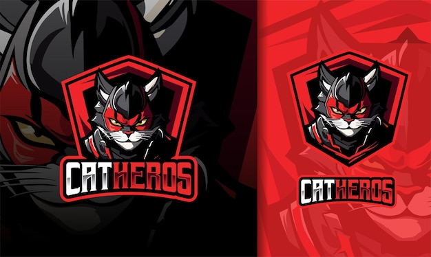 Vettore super cat hero red mask gaming mascotte esport logo design