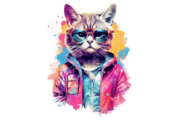 Cat in a sweatshirt and sunglasses graphic art style Vector illustration