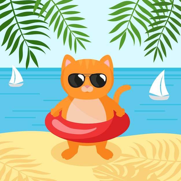 Cat and swim ring Summer ocean landscape Flat vector illustration