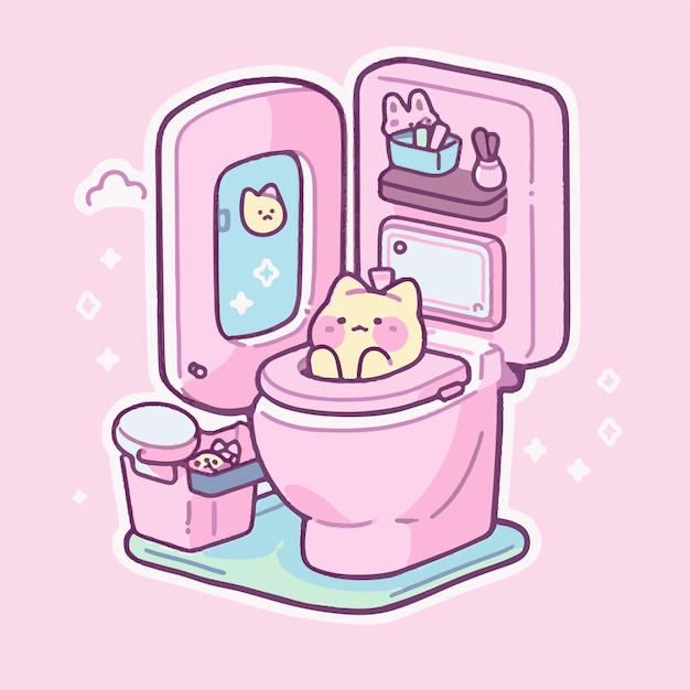 A cat on a toilet with a pink lid and a cat on the lid.