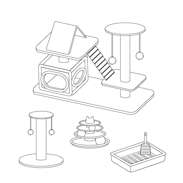 고양이 타워 장난감 및 쓰레기통 색칠 페이지 흑백 고양이 타워 벡터