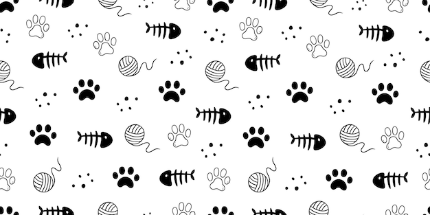 벡터 고양이 장난감 발자국 패턴 원활한  ⁇ 색 배경에 손으로 그린 스케치 doodle kitty 귀여운 요소