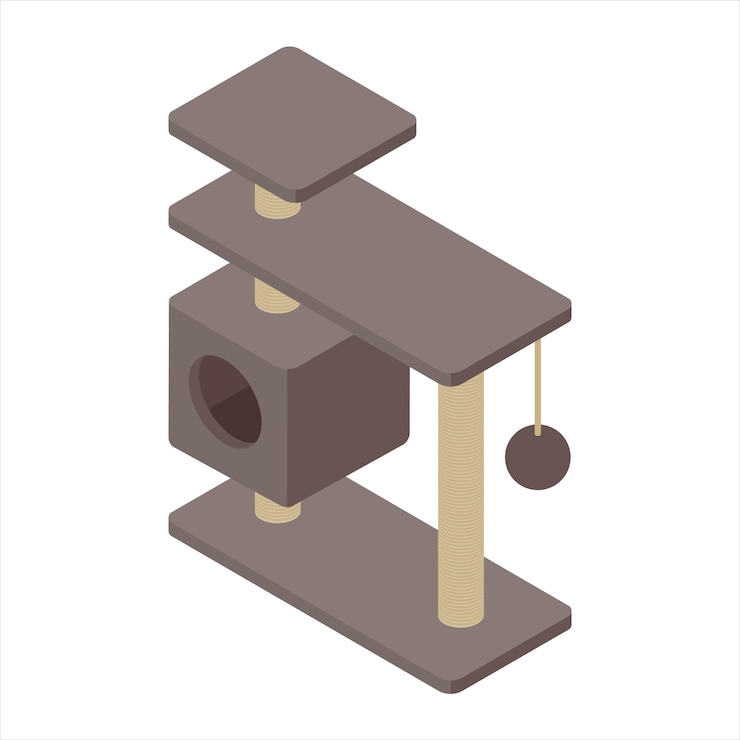 Vector cat tree with cat house scratching post and hanging ball isolated on white background isometric view vector