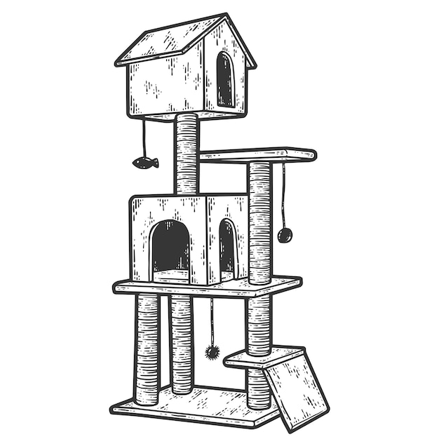 Cat tree with cat house and scratching post isolated pet supply sketch scratch board imitation