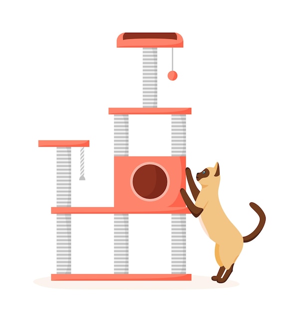긁는 기둥이 있는 고양이 나무 샴 고양이는 고양이 타워에서 발톱을 날카롭게 합니다. 고양이 놀이터와 집