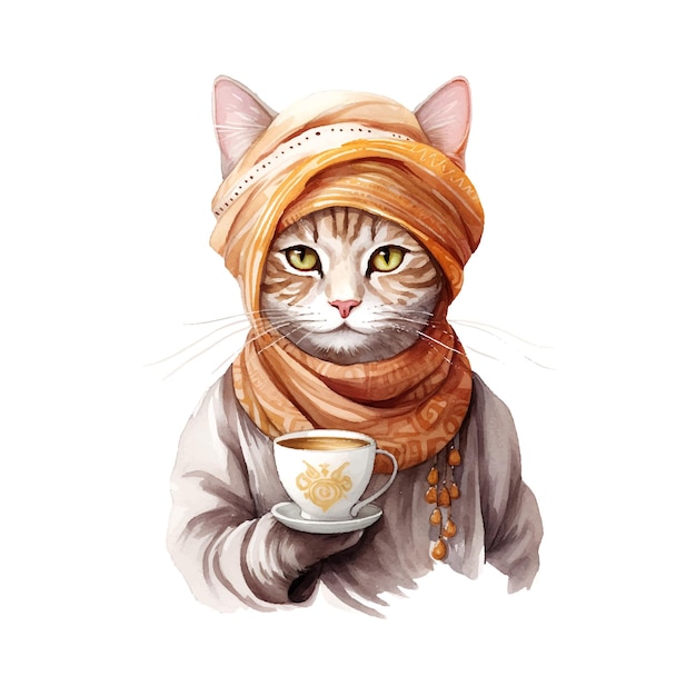 cat in the turban with a cup of coffee watercolor on white background