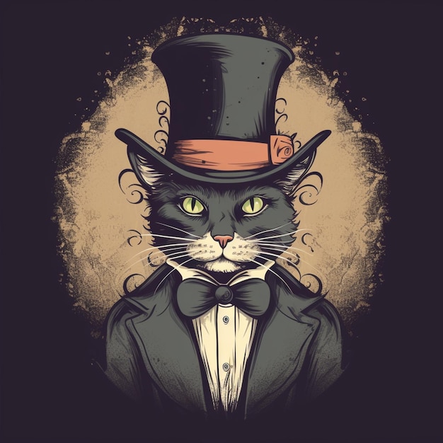 A cat in a tuxedo with a top hat and a bow tie.