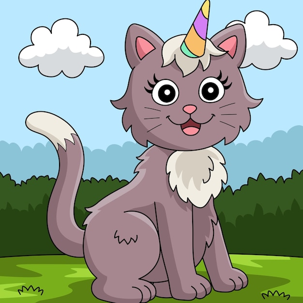 Кошка Единорог Цветные Иллюстрации Шаржа
