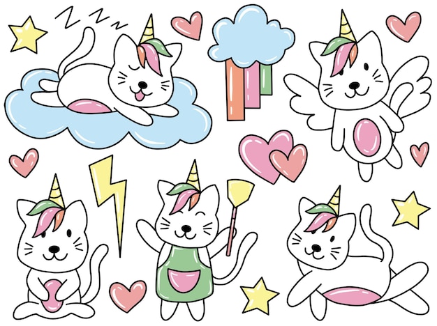 Cat Unicorn Doodle Clip Art Collection