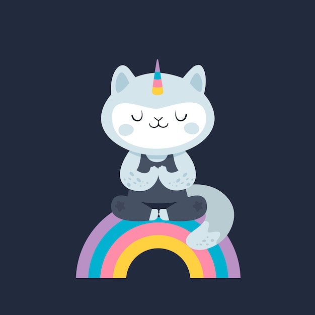 猫ユニコーン。虹の上のヨガキティ。健康的な生活様式。