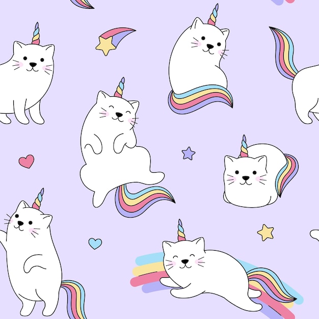 Cat unicorns seamless pattern background Fantasy magic cute rainbow illustrations