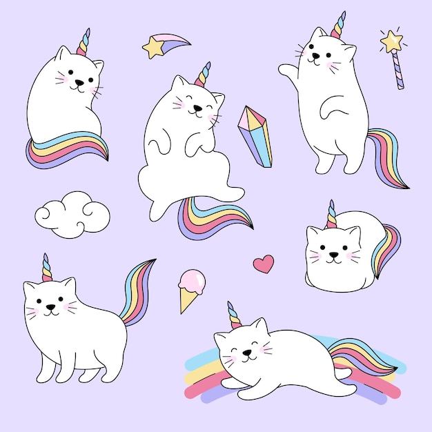 カートゥーンスタイルのイラストの猫のユニコーンセット ファンタジー・マジック 可愛い虹のイラクティックなイラスト