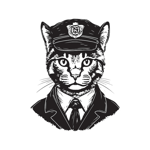 Cat in uniform vintage logo concept black and white color hand drawn illustration